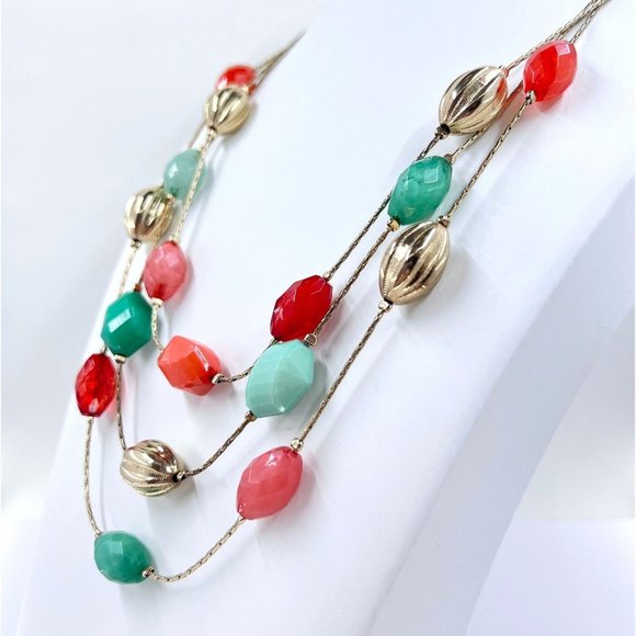 New York & Company Jewelry - Coral & Green Beaded Multi Strand Gold Tone 16” Chain Necklace